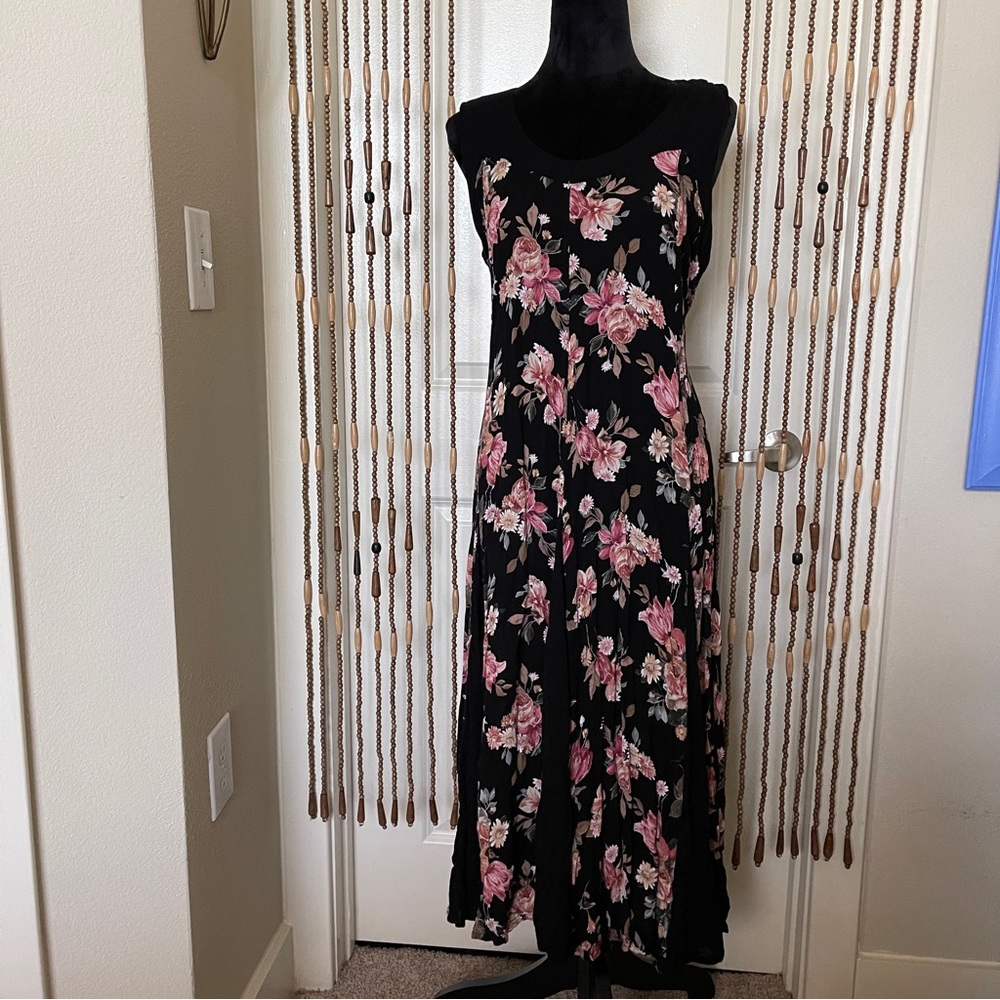 VTG 90's Starina Floral Sleeveless Paneled Boho Grunge Gypsy Dress Black/Pink L
